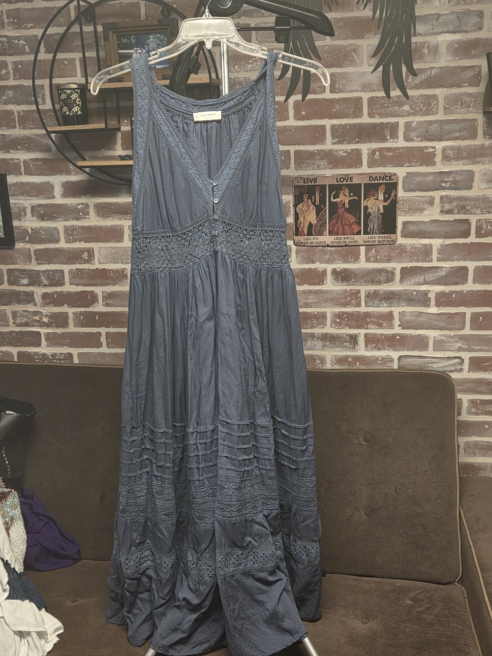 Lucky Brand Slate Blue Crochet-Trim Maxi Dress